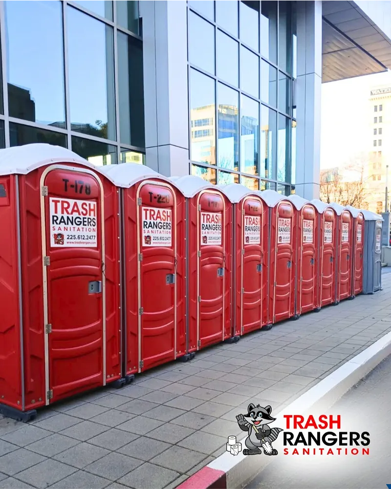 trash rangers sanitation red portable toilets sidewalk